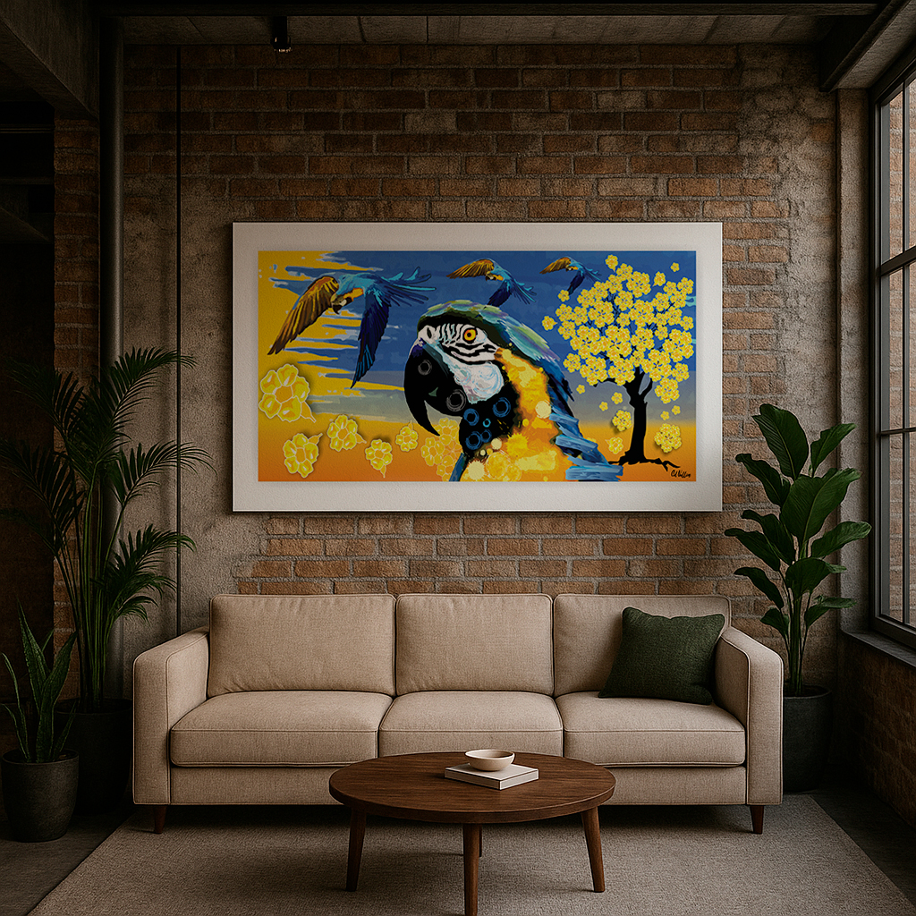 Quadro Arara-Azul Sentada em Galho Retangular Paisagem